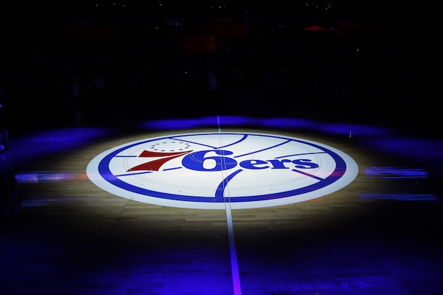 The Philadelphia 76ers' lhalf-court logo is shown before an NBA basketball game against the Cleveland Cavaliers, Friday, Nov. 8, 2013, in Philadelphia. (AP Photo/Matt Slocum)