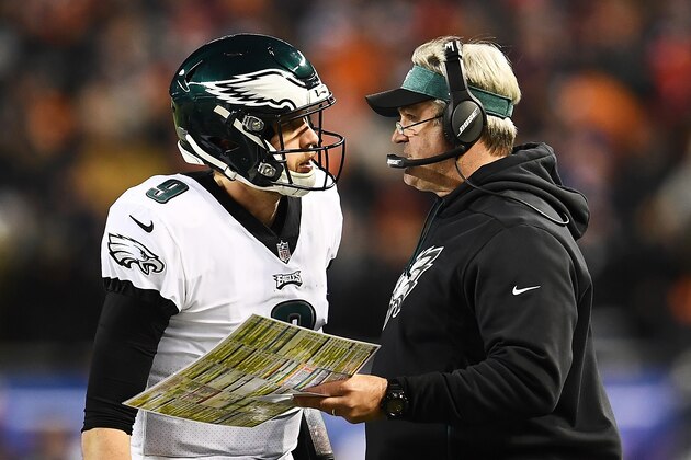 CHICAGO, ILLINOIS - JANUARY 06: Head coach Doug Pederson talks to Nick Foles #9 of the Philadelphia Eagles against the Chicago Bears in the fourth quarter of the NFC Wild Card Playoff game at Soldier Field on January 06, 2019 in Chicago, Illinois. (Photo by Stacy Revere/Getty Images) CHICAGO, ILLINOIS - JANUARY 06: Head coach Doug Pederson talks to Nick Foles #9 of the Philadelphia Eagles against the Chicago Bears in the fourth quarter of the NFC Wild Card Playoff game at Soldier Field on January 06, 2019 in Chicago, Illinois. (Photo by Stacy Revere/Getty Images)