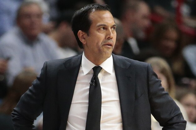 Miami Heat head Coach Erik Spoelstra looks on during the first half of an NBA basketball game against the Boston Celtics, Thursday, Jan. 10, 2019, in Miami. The Heat defeated the Celtics 115-99. (AP Photo/Joel Auerbach)