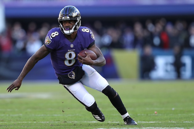 BALTIMORE, MARYLAND - JANUARY 06: Quarterback Lamar Jackson #8 of the Baltimore Ravens in action against the Los Angeles Chargers during the AFC Wild Card Playoff game at M&T Bank Stadium on January 06, 2019 in Baltimore, Maryland. (Photo by Patrick Smith/Getty Images)