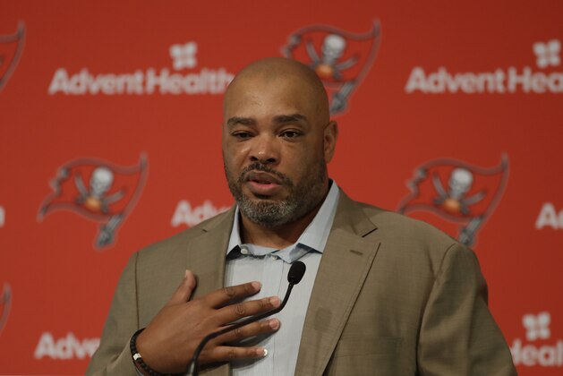 New Tampa Bay Buccaneers assistant head coach and run game coordinator Harold Goodwin during a news conference Friday, Jan. 11, 2019, in Tampa, Fla. (AP Photo/Chris O'Meara)