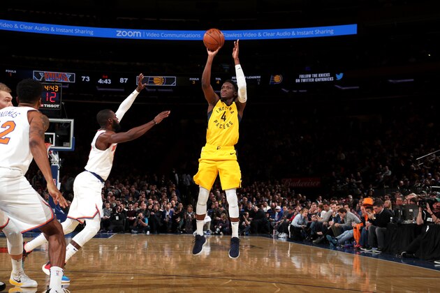 NEW YORK, NY - JANUARY 11:  Victor Oladipo #4 of the Indiana Pacers shoots the ball against the New York Knicks on January 11, 2019 at Madison Square Garden in New York City, New York.  NOTE TO USER: User expressly acknowledges and agrees that, by downloading and or using this photograph, User is consenting to the terms and conditions of the Getty Images License Agreement. Mandatory Copyright Notice: Copyright 2019 NBAE  (Photo by Nathaniel S. Butler/NBAE via Getty Images)