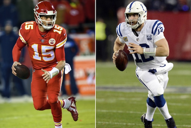 FILE - At left, in a Dec. 13, 2018, file photo, Kansas City Chiefs quarterback Patrick Mahomes (15) scrambles during an NFL football game in Kansas City, Mo. At right, in a Dec. 30, 2018, file photo, Indianapolis Colts quarterback Andrew Luck scrambles during an NFL football game in Nashville, Tenn. The Colts play the Chiefs in a divisional playoff game on Saturday, Jan. 12, 2019.(AP Photo/File)