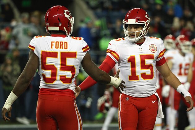 SEATTLE, WA - DECEMBER 23:  Quarterback Patrick Mahomes #15 (R) and Dee Ford #55 of the Kansas City Chiefs attend warm ups before the game against the Seattle Seahawks at CenturyLink Field on December 23, 2018 in Seattle, Washington.  (Photo by Abbie Parr/Getty Images)