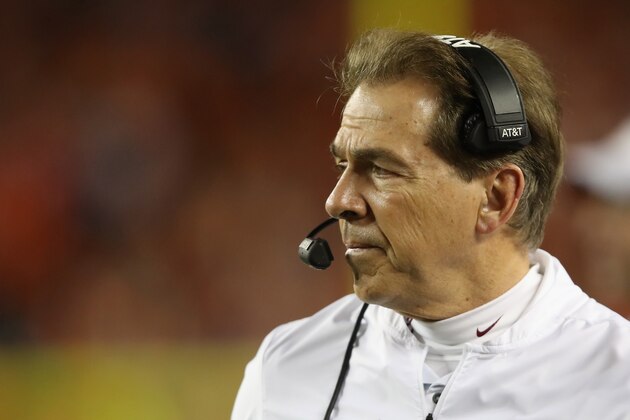 SANTA CLARA, CA - JANUARY 07: Head coach Nick Saban of the Alabama Crimson Tide looks on during the first half against the Clemson Tigers in the CFP National Championship presented by AT&T at Levi's Stadium on January 7, 2019 in Santa Clara, California. (Photo by Sean M. Haffey/Getty Images) SANTA CLARA, CA - JANUARY 07: Head coach Nick Saban of the Alabama Crimson Tide looks on during the first half against the Clemson Tigers in the CFP National Championship presented by AT&T at Levi's Stadium on January 7, 2019 in Santa Clara, California. (Photo by Sean M. Haffey/Getty Images)