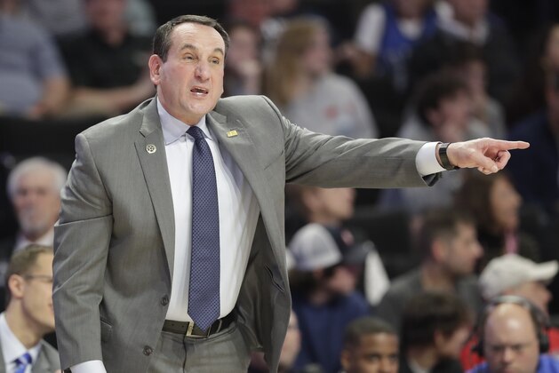 Duke head coach Mike Krzyzewski directs his team against Wake Forest during the first half of an NCAA college basketball game in Winston-Salem, N.C., Tuesday, Jan. 8, 2019. (AP Photo/Chuck Burton)