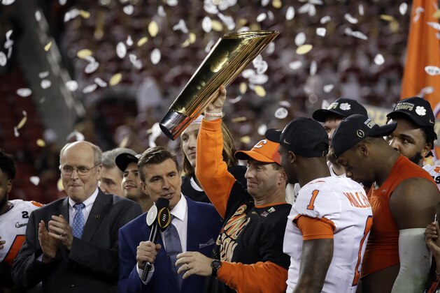 Clemson head coach Dabo Swinney celebrates after the NCAA college football playoff championship game against Alabama, Monday, Jan. 7, 2019, in Santa Clara, Calif. Clemson beat Alabama 44-16. (AP Photo/Chris Carlson)