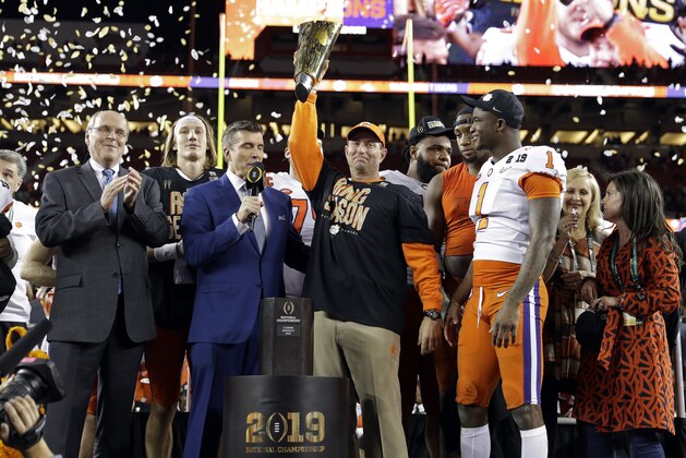 Clemson head coach Dabo Swinney celebrates after the NCAA college football playoff championship game against Alabama, Monday, Jan. 7, 2019, in Santa Clara, Calif. Clemson beat Alabama 44-16. (AP Photo/David J. Phillip)