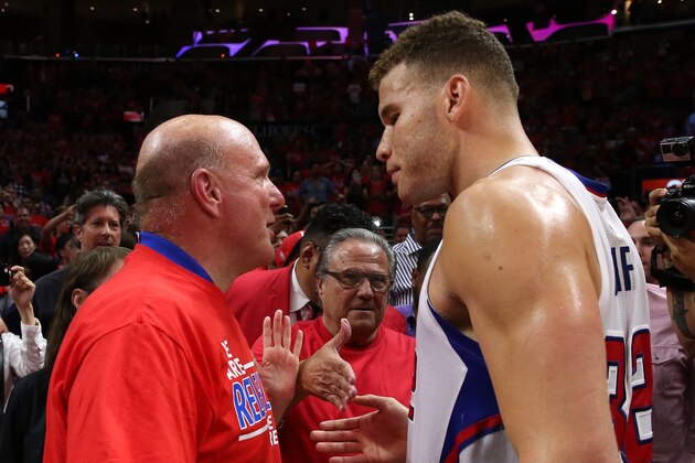 LOS ANGELES, CA - MAY 02:  Owner Steve Ballmer of the Los Angeles Clippers greets Blake Griffin #32 after the Clippers defeated the San Antonio Spurs in Game Seven of the Western Conference quarterfinals of the 2015 NBA Playoffs at Staples Center on May 2, 2015 in Los Angeles, California.  The Clippers won 111-109 to win the series four games to three.  NOTE TO USER: User expressly acknowledges and agrees that, by downloading and or using this photograph, User is consenting to the terms and conditions of the Getty Images License Agreement.  (Photo by Stephen Dunn/Getty Images)
