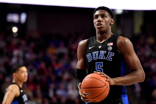 WINSTON-SALEM, NC - JANUARY 08: RJ Barrett #5 of the Duke Blue Devils concentrates at the free-throw line against the Wake Forest Demon Deacons at LJVM Coliseum Complex on January 8, 2019 in Winston-Salem, North Carolina. Duke won 87-65. (Photo by Lance King/Getty Images)