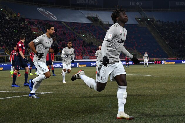 BOLOGNA, ITALY - JANUARY 12:  Moise Kean of Juventus  celebrates after scoring his team second goal during the Coppa Italia match between Bologna FC and Juventus at Stadio Renato Dall'Ara on January 12, 2019 in Bologna, Italy.  (Photo by Alessandro Sabattini/Getty Images)