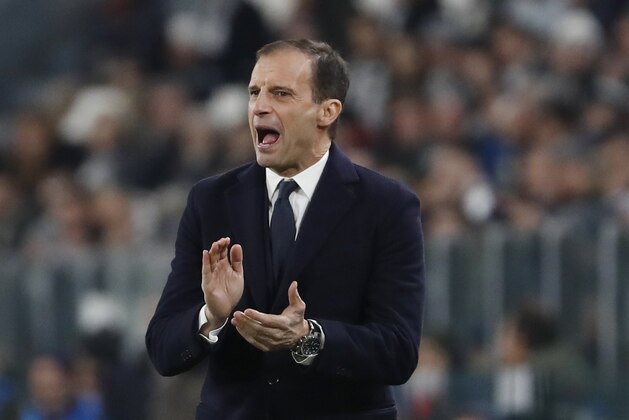 Juventus coach Massimiliano Allegri gestures during the Champions League group H soccer match between Juventus and Valencia at the Allianz stadium in Turin, Italy, Tuesday, Nov. 27, 2018. (AP Photo/Antonio Calanni)