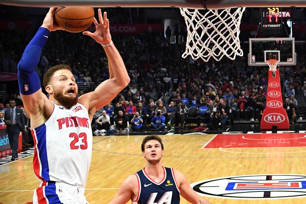 LOS ANGELES, CA - JANUARY 12: Danilo Gallinari #8 of the Los Angeles Clippers looks on as Blake Griffin #23 of the Detroit Pistons goes for a dunk in the second half of the game at Staples Center on January 12, 2019 in Los Angeles, California. NOTE TO USER: User expressly acknowledges and agrees that, by downloading and or using this photograph, User is consenting to the terms and conditions of the Getty Images License Agreement. (Photo by Jayne Kamin-Oncea/Getty Images) LOS ANGELES, CA - JANUARY 12: Danilo Gallinari #8 of the Los Angeles Clippers looks on as Blake Griffin #23 of the Detroit Pistons goes for a dunk in the second half of the game at Staples Center on January 12, 2019 in Los Angeles, California. NOTE TO USER: User expressly acknowledges and agrees that, by downloading and or using this photograph, User is consenting to the terms and conditions of the Getty Images License Agreement. (Photo by Jayne Kamin-Oncea/Getty Images)