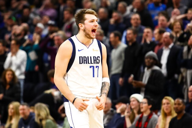 MINNEAPOLIS, MN - JANUARY 11: Luka Doncic #77 of the Dallas Mavericks reacts after hitting a three point shot in the fourth quarter against the Minnesota Timberwolves at Target Center on January 11, 2019 in Minneapolis, Minnesota. The Dallas Mavericks defeated the Minnesota Timberwolves 119-115. NOTE TO USER: User expressly acknowledges and agrees that, by downloading and or using this Photograph, user is consenting to the terms and conditions of the Getty Images License Agreement. (Photo by David Berding/Getty Images)