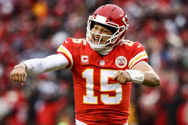 KANSAS CITY, MO - JANUARY 12: Patrick Mahomes #15 of the Kansas City Chiefs points to the sidelines in celebration after throwing a touchdown against the Kansas City Chiefs during the first quarter of the AFC Divisional Round playoff game at Arrowhead Stadium on January 12, 2019 in Kansas City, Missouri. (Photo by Jamie Squire/Getty Images)