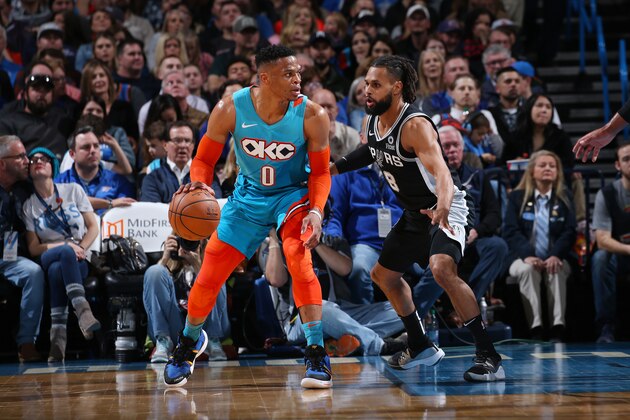 OKLAHOMA CITY, OK- JANUARY 12: Patty Mills #8 of the San Antonio Spurs plays defense against against Russell Westbrook #0 of the Oklahoma City Thunder during the game on January 12, 2019 at Chesapeake Energy Arena in Oklahoma City, Oklahoma. NOTE TO USER: User expressly acknowledges and agrees that, by downloading and or using this photograph, User is consenting to the terms and conditions of the Getty Images License Agreement. Mandatory Copyright Notice: Copyright 2019 NBAE (Photo by Zach Beeker/NBAE via Getty Images) OKLAHOMA CITY, OK- JANUARY 12: Patty Mills #8 of the San Antonio Spurs plays defense against against Russell Westbrook #0 of the Oklahoma City Thunder during the game on January 12, 2019 at Chesapeake Energy Arena in Oklahoma City, Oklahoma. NOTE TO USER: User expressly acknowledges and agrees that, by downloading and or using this photograph, User is consenting to the terms and conditions of the Getty Images License Agreement. Mandatory Copyright Notice: Copyright 2019 NBAE (Photo by Zach Beeker/NBAE via Getty Images)