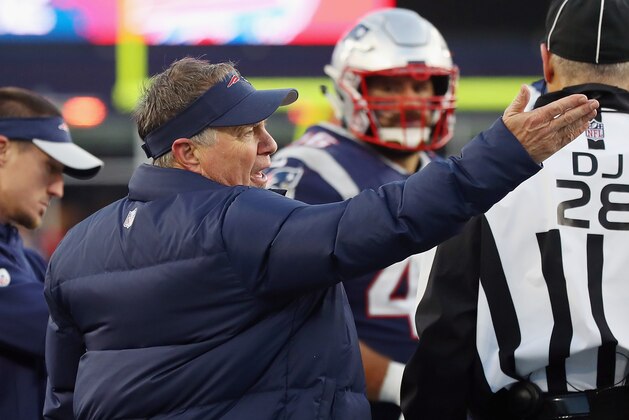 FOXBOROUGH, MA - DECEMBER 23:  Head coach Bill Belichick of the New England Patriots reacts to a call during the second half against the Buffalo Bills at Gillette Stadium on December 23, 2018 in Foxborough, Massachusetts.  (Photo by Maddie Meyer/Getty Images)