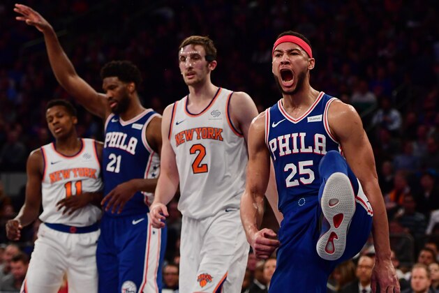 NEW YORK, NEW YORK - JANUARY 13: Ben Simmons #25 of the Philadelphia 76ers reacts after making a slam dunk during the second quarter of the game against the New York Knicks at Madison Square Garden on January 13, 2019 in New York City. NOTE TO USER: User expressly acknowledges and agrees that, by downloading and or using this photograph, User is consenting to the terms and conditions of the Getty Images License Agreement.  (Photo by Sarah Stier/Getty Images)