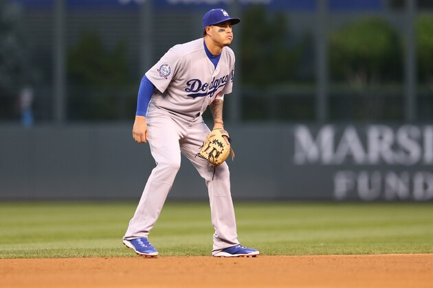 DENVER, CO - SEPTEMBER 08:  Manny Machado #8 of the Los Angeles Dodgers plays shortstop during the game against the Colorado Rockies at Coors Field on September 8, 2018 in Denver, Colorado.  The Rockies defeated the Dodgers 4-2.  (Photo by Rob Leiter/MLB Photos via Getty Images)