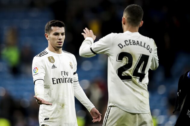 MADRID, SPAIN - JANUARY 9: (L-R) Brahim Diaz of Real Madrid, Dani Ceballos of Real Madrid celebrate the victory  during the Spanish Copa del Rey  match between Real Madrid v Leganes at the Santiago Bernabeu on January 9, 2019 in Madrid Spain (Photo by David S. Bustamante/Soccrates/Getty Images)