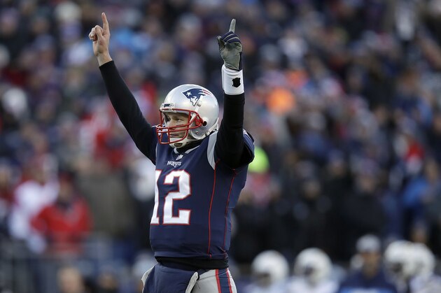New England Patriots quarterback Tom Brady celebrates a touchdown run by running back Sony Michel during the first half of an NFL divisional playoff football game against the Los Angeles Chargers, Sunday, Jan. 13, 2019, in Foxborough, Mass. (AP Photo/Charles Krupa) New England Patriots quarterback Tom Brady celebrates a touchdown run by running back Sony Michel during the first half of an NFL divisional playoff football game against the Los Angeles Chargers, Sunday, Jan. 13, 2019, in Foxborough, Mass. (AP Photo/Charles Krupa)