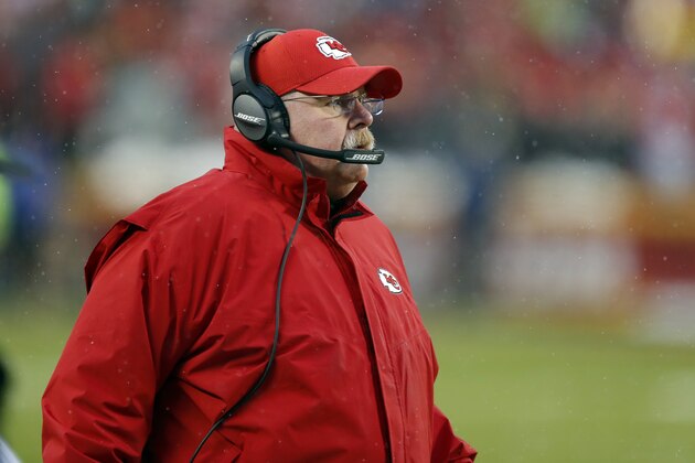 Kansas City Chiefs head coach Andy Reid follows the first half of an NFL divisional football playoff game against the Indianapolis Colts in Kansas City, Mo., Saturday, Jan. 12, 2019. (AP Photo/Charlie Neibergall)