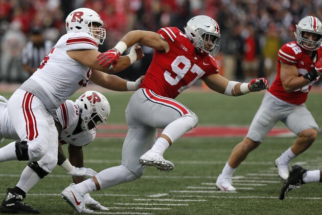 Ohio State defensive lineman Nick Bosa plays against Rutgers during an NCAA college football game Saturday, Sept. 8, 2018, in Columbus, Ohio. (AP Photo/Jay LaPrete)