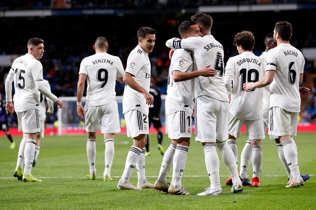MADRID, SPAIN - JANUARY 9: (L-R) Federico Valverde of Real Madrid, Dani Ceballos of Real Madrid, Sergio Reguilon of Real Madrid, Cristo G. of Real Madrid, Sergio Ramos of Real Madrid, Alvaro Odriozola of Real Madrid, Nacho of Real Madrid celebrate goal during the Spanish Copa del Rey match between Real Madrid v Leganes at the Santiago Bernabeu on January 9, 2019 in Madrid Spain (Photo by David S. Bustamante/Soccrates/Getty Images) MADRID, SPAIN - JANUARY 9: (L-R) Federico Valverde of Real Madrid, Dani Ceballos of Real Madrid, Sergio Reguilon of Real Madrid, Cristo G. of Real Madrid, Sergio Ramos of Real Madrid, Alvaro Odriozola of Real Madrid, Nacho of Real Madrid celebrate goal during the Spanish Copa del Rey match between Real Madrid v Leganes at the Santiago Bernabeu on January 9, 2019 in Madrid Spain (Photo by David S. Bustamante/Soccrates/Getty Images)