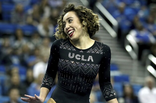 Katelyn Ohashi of UCLA during an NCAA college gymnastics match, Friday, Jan. 4, 2019, in Los Angeles. (AP Photo/Ben Liebenberg)