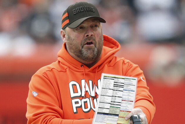 FILE - In this Dec. 23, 2018, file photo, Cleveland Browns offensive coordinator Freddie Kitchens is shown before an NFL football game against the Cincinnati Bengals, in Cleveland. A person familiar with the decision says the Cleveland Browns are hiring Freddie Kitchens as their coach. Kitchens, who had a dazzling eight-week run as the team’s interim offensive coordinator, is finalizing his contract and will be named Cleveland’s ninth coach since 1999, said the person who spoke Wednesday, Jan. 9, 2019, to the Associated Press on condition of anonymity because the team is not commenting on the imminent hire. (AP Photo/Ron Schwane, File) FILE - In this Dec. 23, 2018, file photo, Cleveland Browns offensive coordinator Freddie Kitchens is shown before an NFL football game against the Cincinnati Bengals, in Cleveland. A person familiar with the decision says the Cleveland Browns are hiring Freddie Kitchens as their coach. Kitchens, who had a dazzling eight-week run as the team’s interim offensive coordinator, is finalizing his contract and will be named Cleveland’s ninth coach since 1999, said the person who spoke Wednesday, Jan. 9, 2019, to the Associated Press on condition of anonymity because the team is not commenting on the imminent hire. (AP Photo/Ron Schwane, File)