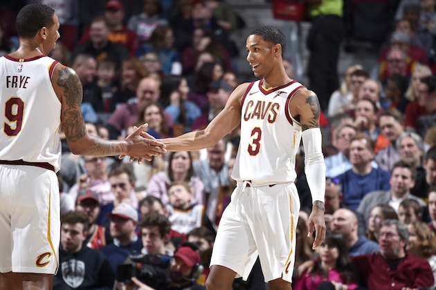 CLEVELAND, OH - JANUARY 4:  Channing Frye #9 hi-fives Patrick McCaw #3 of the Cleveland Cavaliers during the game against the Utah Jazz on January 4, 2019 at Quicken Loans Arena in Cleveland, Ohio. NOTE TO USER: User expressly acknowledges and agrees that, by downloading and/or using this Photograph, user is consenting to the terms and conditions of the Getty Images License Agreement. Mandatory Copyright Notice: Copyright 2019 NBAE (Photo by David Liam Kyle/NBAE via Getty Images)