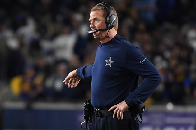 LOS ANGELES, CA - JANUARY 12: Head coach Jason Garrett of the Dallas Cowboys looks on in the first half against the Los Angeles Rams in the NFC Divisional Playoff game at Los Angeles Memorial Coliseum on January 12, 2019 in Los Angeles, California.  (Photo by Harry How/Getty Images)