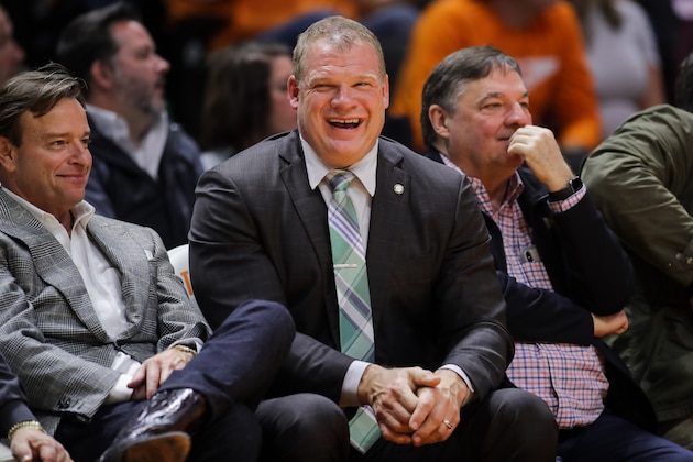 KNOXVILLE, TN - NOVEMBER 13: Mayor of Knox County Glenn Jacobs sits courtside during the between the Georgia Tech Yellow Jackets and the Tennessee Volunteers at Thompson-Boling Arena on November 13, 2018 in Knoxville, Tennessee. Tennessee won the game 66-53. (Photo by Donald Page/Getty Images)