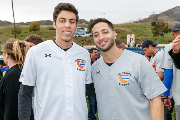 MALIBU, CALIFORNIA - JANUARY 13:   Christian Yelich and Ryan Braun attend a charity softball game to benefit 'California Strong' at Pepperdine University on January 13, 2019 in Malibu, California. (Photo by Rich Polk/Getty Images for California Strong)