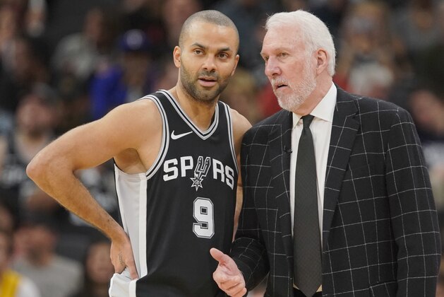 San Antonio Spurs coach Gregg Popovich, right, talks to Spurs guard Tony Parker during the second half of the team's NBA basketball game against the Houston Rockets, Thursday, Feb. 1, 2018, in San Antonio. Houston won 102-91. (AP Photo/Darren Abate) San Antonio Spurs coach Gregg Popovich, right, talks to Spurs guard Tony Parker during the second half of the team's NBA basketball game against the Houston Rockets, Thursday, Feb. 1, 2018, in San Antonio. Houston won 102-91. (AP Photo/Darren Abate)