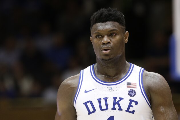 Duke's Zion Williamson (1) is seen during a break in action against Syracuse during the second half of an NCAA college basketball game in Durham, N.C., Monday, Jan. 14, 2019. Syracuse won 95-91. (AP Photo/Gerry Broome)
