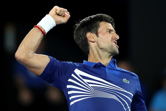 MELBOURNE, AUSTRALIA - JANUARY 15:  Novak Djokovic of Serbia reacts in his first round match against Mitchell Krueger of the United States during day two of the 2019 Australian Open at Melbourne Park on January 15, 2019 in Melbourne, Australia.  (Photo by Mark Kolbe/Getty Images)