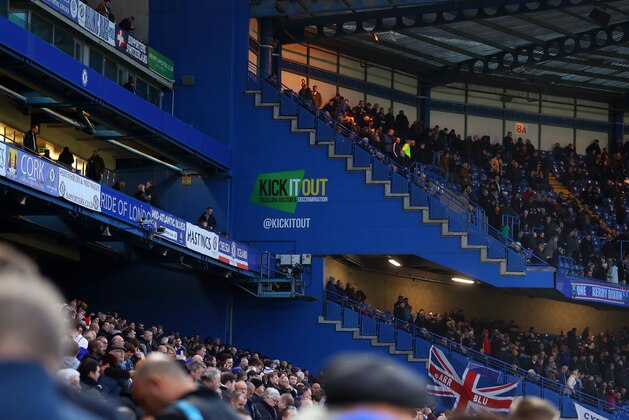 LONDON, ENGLAND - DECEMBER 22: The Kick it out campaign logo seen inside the stadium before the Premier League match between Chelsea FC and Leicester City at Stamford Bridge on December 22, 2018 in London, United Kingdom. (Photo by Catherine Ivill/Getty Images)