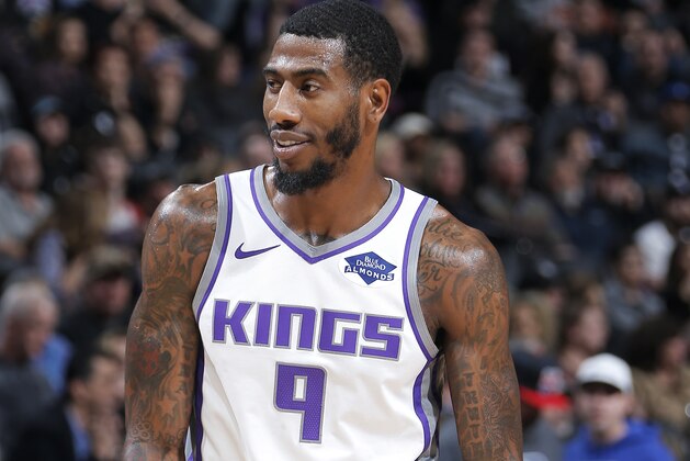 SACRAMENTO, CA - JANUARY 12:  Iman Shumpert #9 of the Sacramento Kings looks on during the game against the Charlotte Hornets on January 12, 2019 at Golden 1 Center in Sacramento, California. NOTE TO USER: User expressly acknowledges and agrees that, by downloading and or using this Photograph, user is consenting to the terms and conditions of the Getty Images License Agreement. Mandatory Copyright Notice: Copyright 2019 NBAE (Photo by Rocky Widner/NBAE via Getty Images)