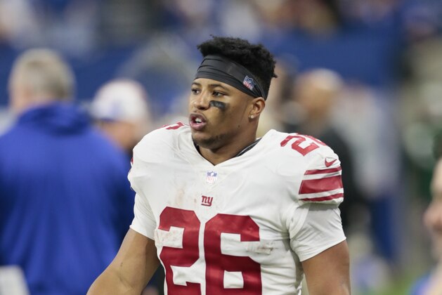 New York Giants running back Saquon Barkley (26) on the sidelines during the second half of an NFL football game against the Indianapolis Colts in Indianapolis, Sunday, Dec. 23, 2018. (AP Photo/AJ Mast)