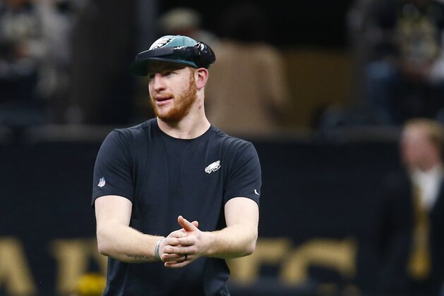 Philadelphia Eagles quarterback Carson Wentz walks on the field before an NFL divisional playoff football game against the New Orleans Saints in New Orleans, Sunday, Jan. 13, 2019. (AP Photo/Butch Dill)