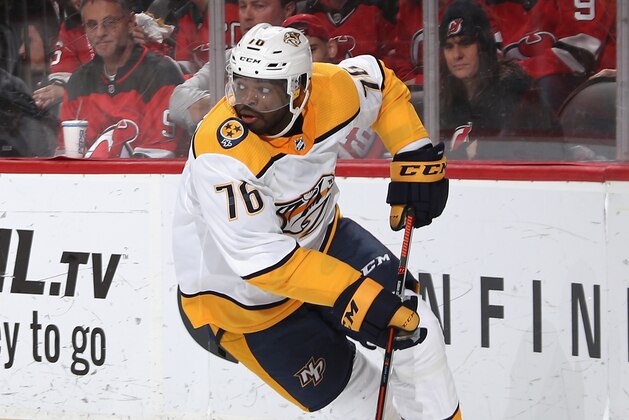 NEWARK, NEW JERSEY - OCTOBER 25: P.K. Subban #76 of the Nashville Predators skates against the New Jersey Devils at the Prudential Center on October 25, 2018 in Newark, New Jersey. (Photo by Bruce Bennett/Getty Images)