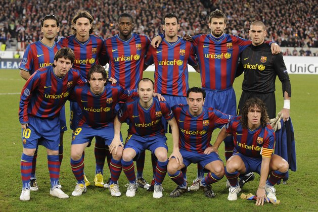 Barcelona players pose for a team photo prior to the VfB Stuttgart (Germany) vs FC Barcelona (Spain)UEFA Champions League football round of 16 match in the southern German city of Stuttgart on February 23, 2010. (Top Row From L) Barcelona's Mexican defender Rafael Marquez, Barcelona's Swedish forward Zlatan Ibrahimovic, Barcelona's midfielder from Ivory Coast Yaya Toure, Barcelona's midfielder Sergio Busquets, Barcelona's defender Gerard Pique and Barcelona's goalkeeper Victor Valdes. (Bottom Row From L) Barcelona's Argentinian forward Lionel Messi, Barcelona's Brazilian defender Maxwell, Barcelona's midfielder Andres Iniesta, Barcelona's midfielder Xavi Hernandez and Barcelona's captain Carles Puyol. AFP PHOTO / JOHN MACDOUGALL (Photo credit should read JOHN MACDOUGALL/AFP/Getty Images)
