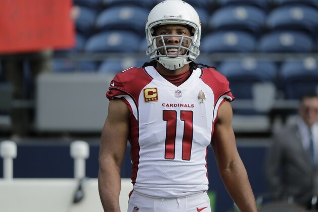Arizona Cardinals' Larry Fitzgerald warms-up before the first half of an NFL football game against the Seattle Seahawks, Sunday, Dec. 30, 2018, in Seattle. (AP Photo/Ted S. Warren)