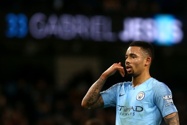 MANCHESTER, ENGLAND - JANUARY 14: Gabriel Jesus of Manchester City celebrates scoring his teams second goal which was a penalty during the Premier League match between Manchester City and Wolverhampton Wanderers at Etihad Stadium on January 14, 2019 in Manchester, United Kingdom. (Photo by Chloe Knott - Danehouse/Getty Images)