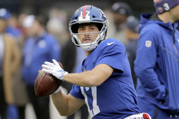 New York Giants quarterback Kyle Lauletta works out prior to an NFL football game against the Chicago Bears, Sunday, Dec. 2, 2018, in East Rutherford, N.J. (AP Photo/Seth Wenig)