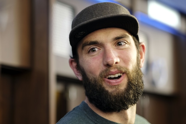 Indianapolis Colts quarterback Andrew Luck speaks to the media in the locker room at the NFL team's facility in Indianapolis, Sunday, Jan. 13, 2019. The team ended their season with a loss to Kansas City in a playoff game the day before. (AP Photo/AJ Mast)