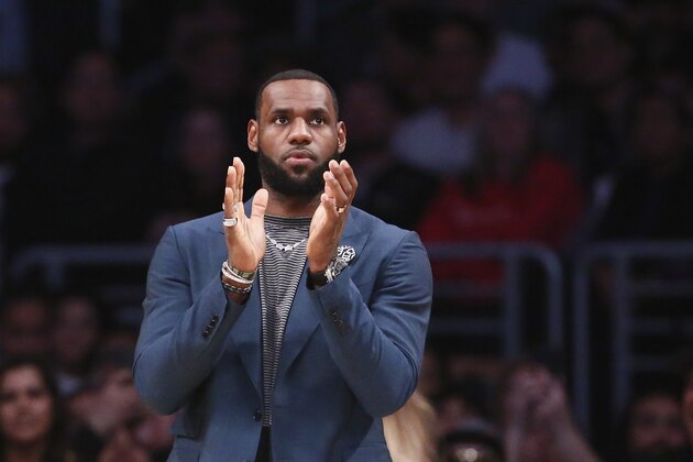 LOS ANGELES, CA - JANUARY 13: LeBron James #23 of the Los Angeles Lakers looks on against the Cleveland Cavaliers on January 13, 2019 at STAPLES Center in Los Angeles, California. NOTE TO USER: User expressly acknowledges and agrees that, by downloading and/or using this Photograph, user is consenting to the terms and conditions of the Getty Images License Agreement. Mandatory Copyright Notice: Copyright 2019 NBAE (Photo by Chris Elise/NBAE via Getty Images)