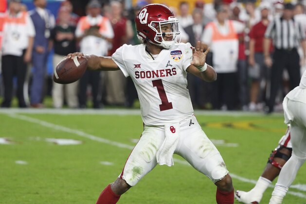 Oklahoma quarterback Kyler Murray (1) looks to pass the ball, during the second half of the Orange Bowl NCAA college football game against Alabama, Saturday, Dec. 29, 2018, in Miami Gardens, Fla. (AP Photo/Wilfredo Lee)