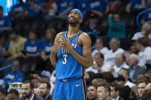 OKLAHOMA CITY, OK - APRIL 25: Corey Brewer #3 of the Oklahoma City Thunder reacts as his team falls behind the Utah Jazz during the second half of game 5 of the Western Conference playoffs at the Chesapeake Energy Arena on April 25, 2018 in Oklahoma City, Oklahoma. NOTE TO USER: User expressly acknowledges and agrees that, by downloading and or using this photograph, User is consenting to the terms and conditions of the Getty Images License Agreement. (Photo by J Pat Carter/Getty Images)